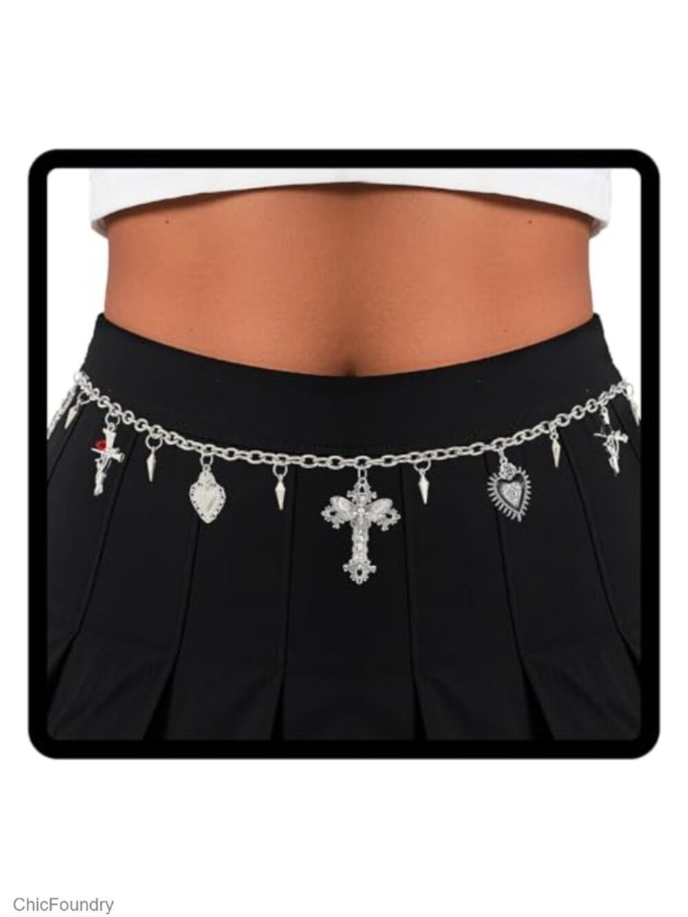 Goth Waist Chain Belt Y2K Punk Silver Skeleton Heart Cross Body Chain for Women